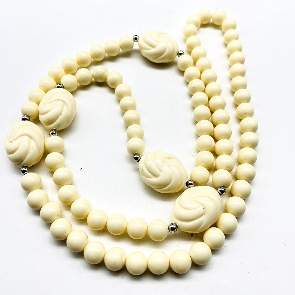 Vintage Faux Pearl Rosebud Station Necklace Gold Tone Long Beaded Jewelry - Picture 4 of 7